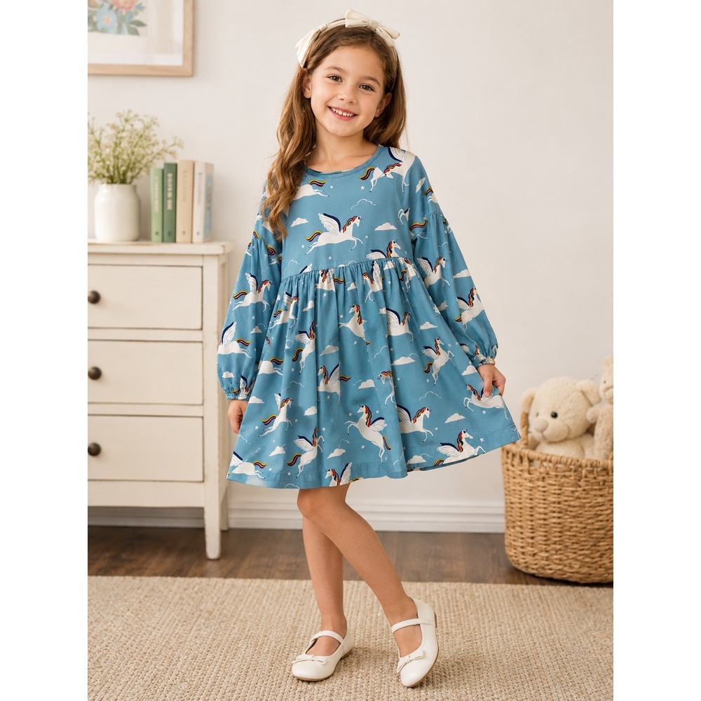 Mini Boden Unicorn Dress Kids 7-8Y‎ Blue Excellent Rainbow Pegasus Long Sleeve